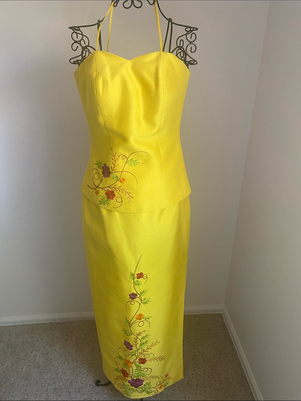 Yellow Silk Floral Embroidered Two-Piece Dress